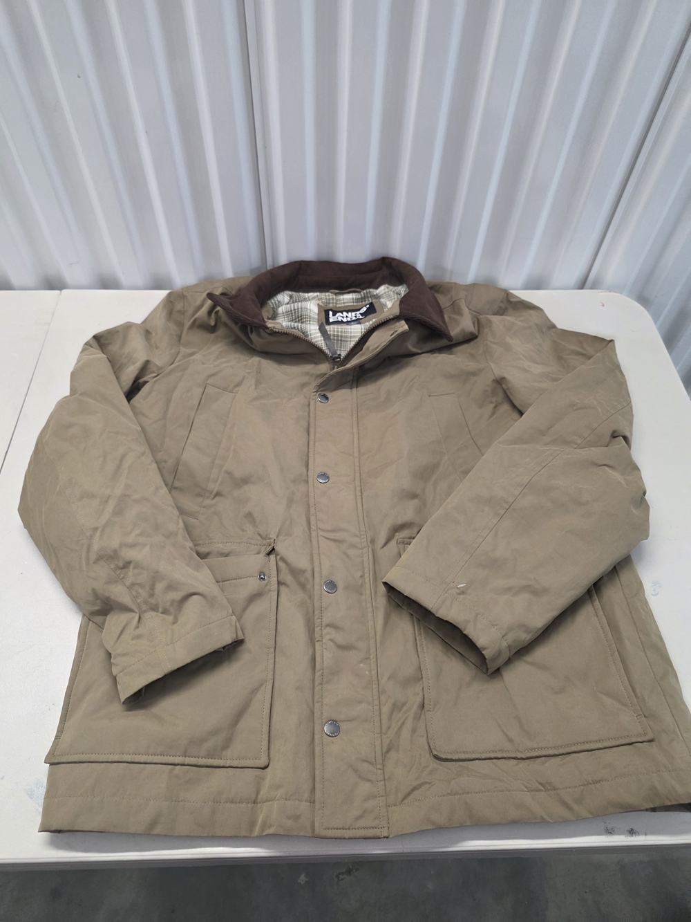 Lands End Khaki Barn Jacket, Corduroy Collar, Zip Front, Flannel Inside Men's Si